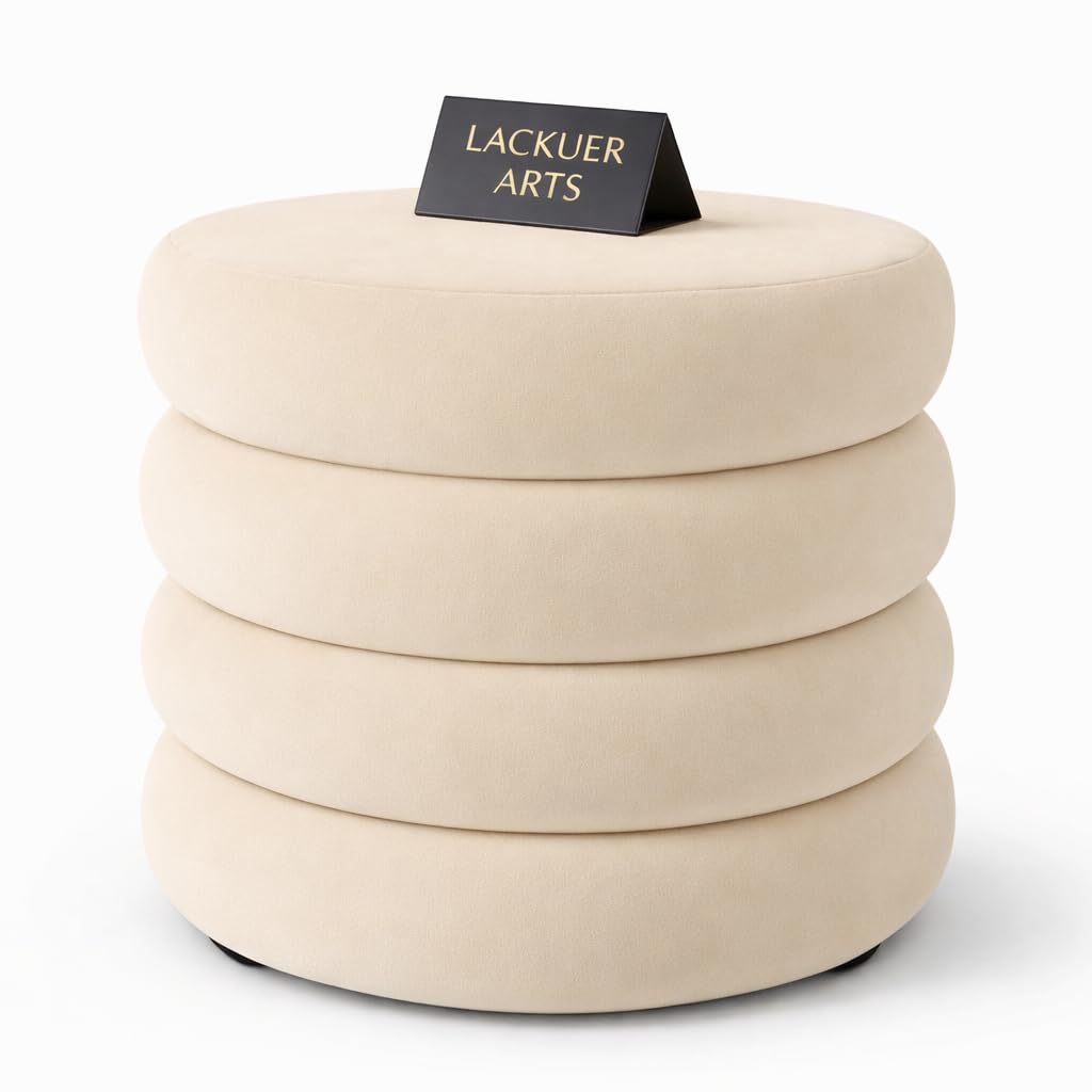 Modern Round Ottoman Stool for Living Room & Bedroom Upholstered Vanity Seat for Dressing Table Soft Cushioned Foot Rest for Sofa Stylish Pouffe for Makeup Room & Home Decor (Cream)-image-5