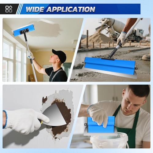 Flächenspachtel Set,Inkl. 5 x Flächenschaber (190 mm Halbmond, 250 mm, 400 mm, 600 mm, 800 mm) mit Ersatzklingen – 2 x Handschaber – Aluminium-Teleskopstange Surface Spatula Set (Blau)