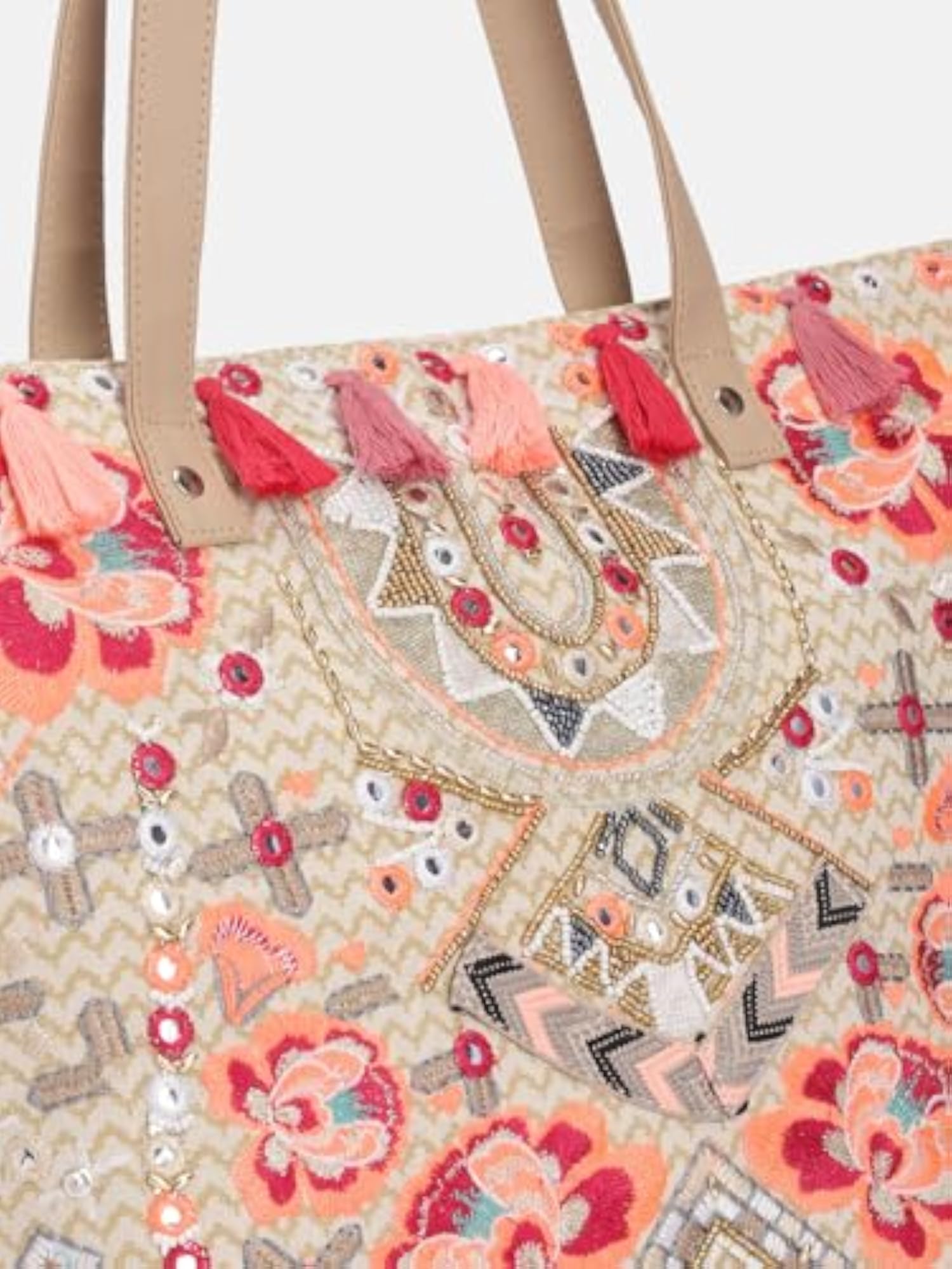 Woven Beach Tote Bag with Tropical Leaf Embroidery
