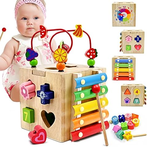 Motorikwürfel Motorikspielzeug 5-in-1 Spiele-Center Aktivität Würfel inklusive Motorikschleife, Uhr, Motorikspiel, Xylophon Holzspielzeug Frühe Bildung Spielzeug Für Kinder und Babys-Geschenkideen Cover