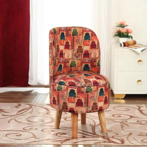 Image of NACIA Elegant Velvet Printed Ottoman Chair | Dressing Table Chair for Bedroom Makeup Room Decor | Modern Upholstered Ottoman with Wooden Legs for Living Room & Home (18x18x32 Inches, Beige Drabar)