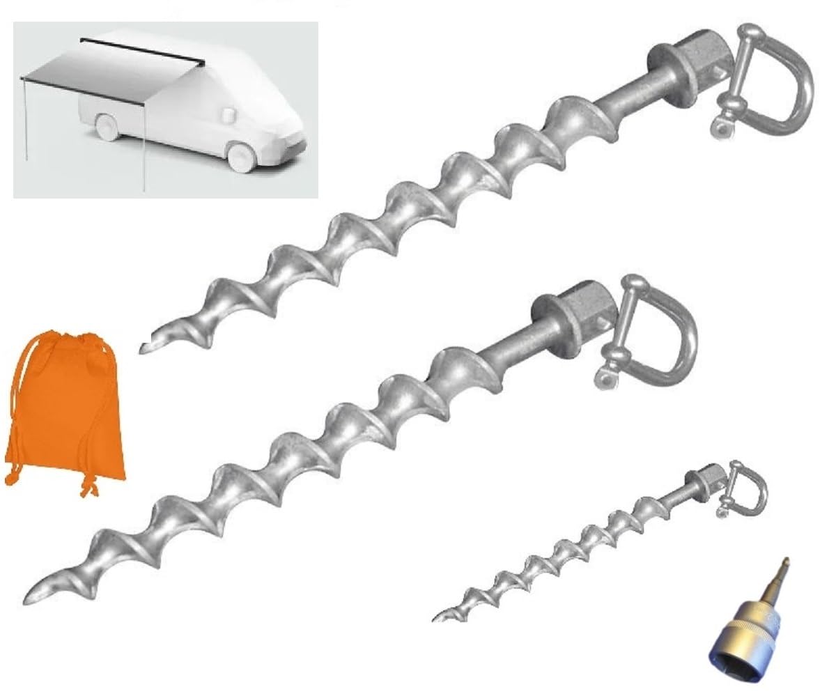 3 X MARKISEN BODENANKER mit einem WURMSCHRAUBEN Gewinde + EDELSTAHLSCHÄKEL+ NUSSADAPTER