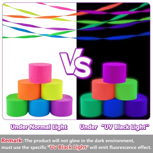 Image of Neon Crepe Paper Streamers, 2.2 inch x 123 Ft Per Roll Glow in The Dark Streamers 6 Rolls for Rainbow Birthday Party Wedding Decorations UV Blacklight Reactive Fluorescent Party Supplies