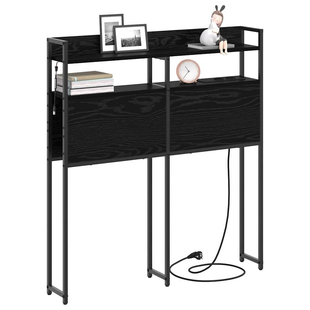 Testiera moderna effetto rovere nero 90 cm di larghezza, in legno con illuminazione a LED e stazione di ricarica per camera da letto