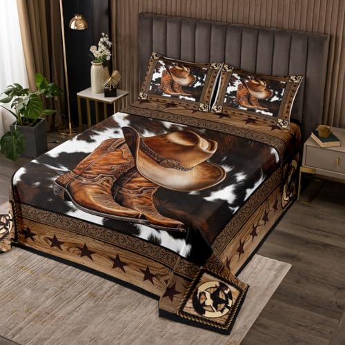 Manfei Western Cowboy Bedspread Queen Size,Western Texas Star Wooden Plank Rustic Coverlet Set,Boys Girls Adults Room Decor,Cow Fur Farmhouse Quilted Coverlet,Brown Retro Bedding Quilt,2 Pillowcases