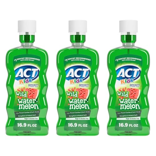 Image of ACT Kids Anticavity Fluoride Mouthwash, Sugar & Alcohol Free Mouth Rinse Strengthens Teeth, Wild Watermelon, 16.9 fl. oz., 3 Pack