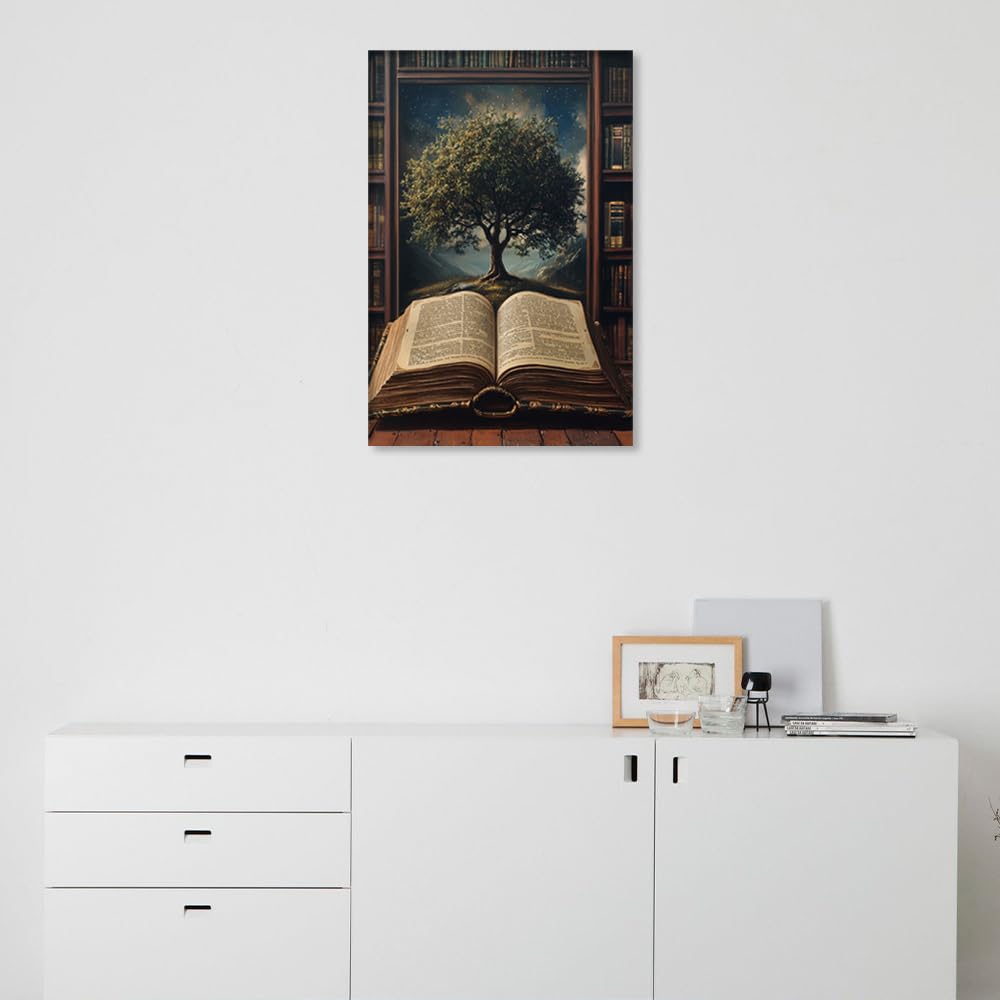 TISHIRON 1 panneau d'art mural arbre de vie 1 pièce livre antique impression sur toile bibliothèque œuvre d'art pour murs de maison, peinture encadrée pour chambre à coucher, bureau, 61 x 40,6 cm