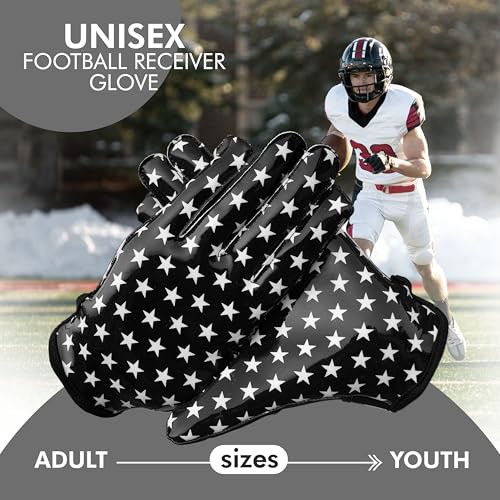 American Flag Football Gloves - Tacky Grip Skin Tight Enhanced Performance Football Gloves - Sensation Pro Elite Super Sticky Silicon Palm Controlled Receiver Glove (Black Eagle, Adult -M)