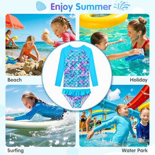Image of Girls Rash Guard Swimsuit Long Sleeve Tankini Sets Two Pieces Bathing Suit Swimwear UPF 50+ Sun Protection