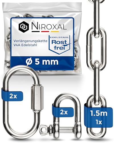 150-cm = 1,5 metros 3 mm cadena de extensión de acero inoxidable de 5 mm de espesor carga de ruptura max 350 kg con grilletes mosquetón de cadena de V4A set de montaje suspensión de saco de boxeo