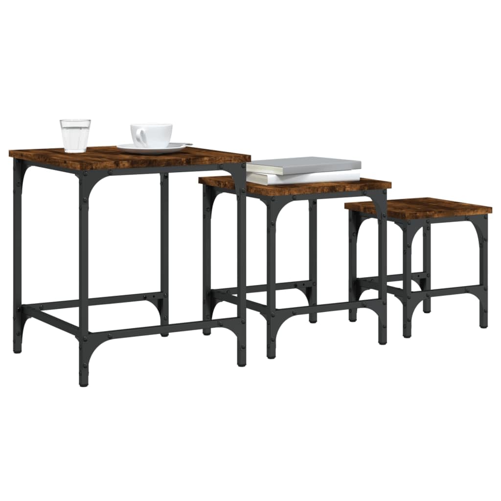 Mesa de reunión, 3 piezas, material de madera ahumada, juego de mesa de café de diseño industrial, mesas auxiliares estables para sala de estar, dormitorio, oficina, ahorro de espacio