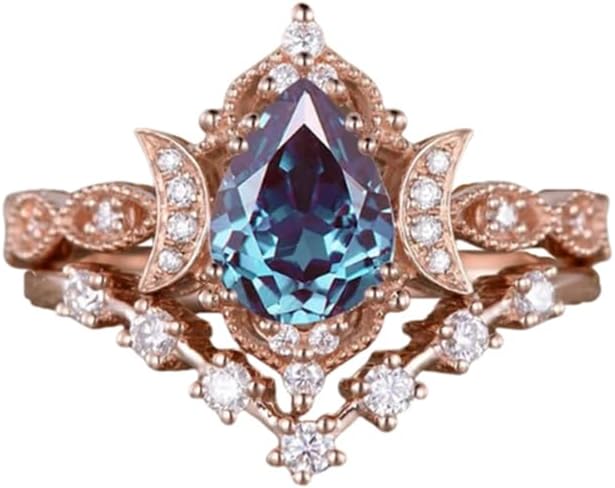 Gemstone Wedding Ring Set Unique Moon Pear Shaped Engagement Rings For Women 10k 14k 18k Gold Vintage Birthstone Ring Bridal Sets for her