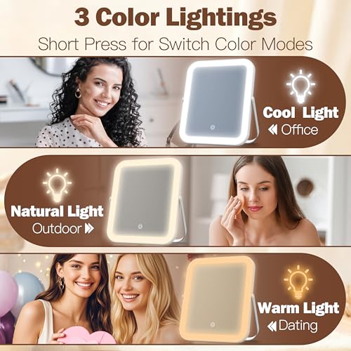 Image of ROLOVE Travel Makeup Mirror with Lights, Ultra-Thin Aluminum Lighted Vanity Mirror, 8 inchx10 inch Rechargeable LED Mirror for Travel & Desk, 3 Color Dimmable Portable Folding Mirror, Gifts for Women