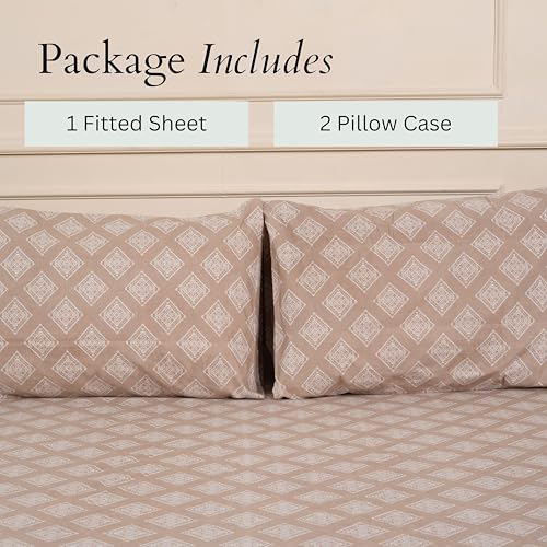 Image of Amazon Brand - Umi Cotton Elastic Fitted Bedsheet, King Size 78x72 Inches, Elastic Fit Bed Sheet, 10 Inch Deep Pocket, Soft Breathable Bedding, Durable Easy Care, with Pillow Cover-Beige Motif