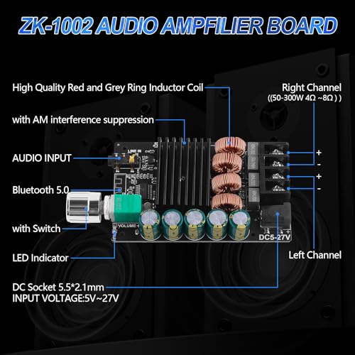 Image of ZK-1002 Bluetooth 5.0 Audio Amplifier Board, 100W x 2 2.0 Channel Mini HiFi Power Amplifier Receiver with Volume Control, BT and AUX Inputs, DC 5-27V Stereo AMP Module for Home DIY Speakers