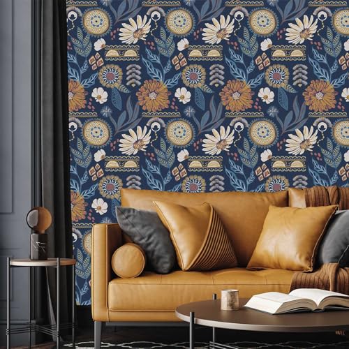 Blue Boho Peel and Stick Wallpaper Vintage Floral Retro Botanical Removable Self Adhesive Waterproof Contact Paper 17.7"x118" for Bathroom Bedroom Cabinets and Drawers Wall Decor
