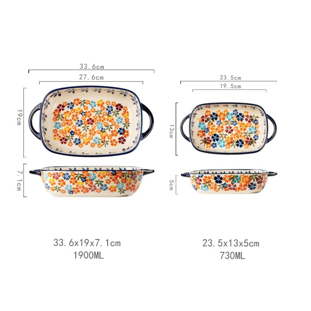 Plat de Cuisson Lot de 2 moules à pâtisserie en céramique Vintage rectangulaires Double poignée, Peints la Main, Motif Floral, Riz