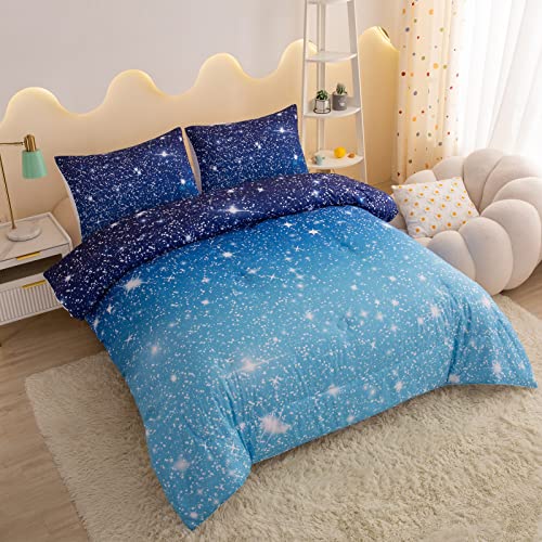Mwmmwm Blue Twin Comforter Set For Teen Girls, Sparkle Galaxy Twinkle Starlight Blue Bedding, Blue Glitter Comforter Set, 2 Piece Aqua Navy Ombre Bedding For Kids Boys And Girls With 1 Pillowcase #TOP6