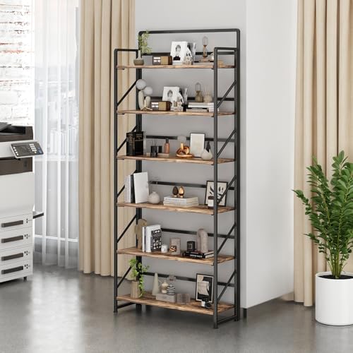 Image of JSB Folding Bookshelf,Industrial Storage Shelves, No Assembly Vintage Wood Look Bookshelf with Storage Shelves for Living Room, Bedroom, Office (Fire Brown, Wide 6-Tier)