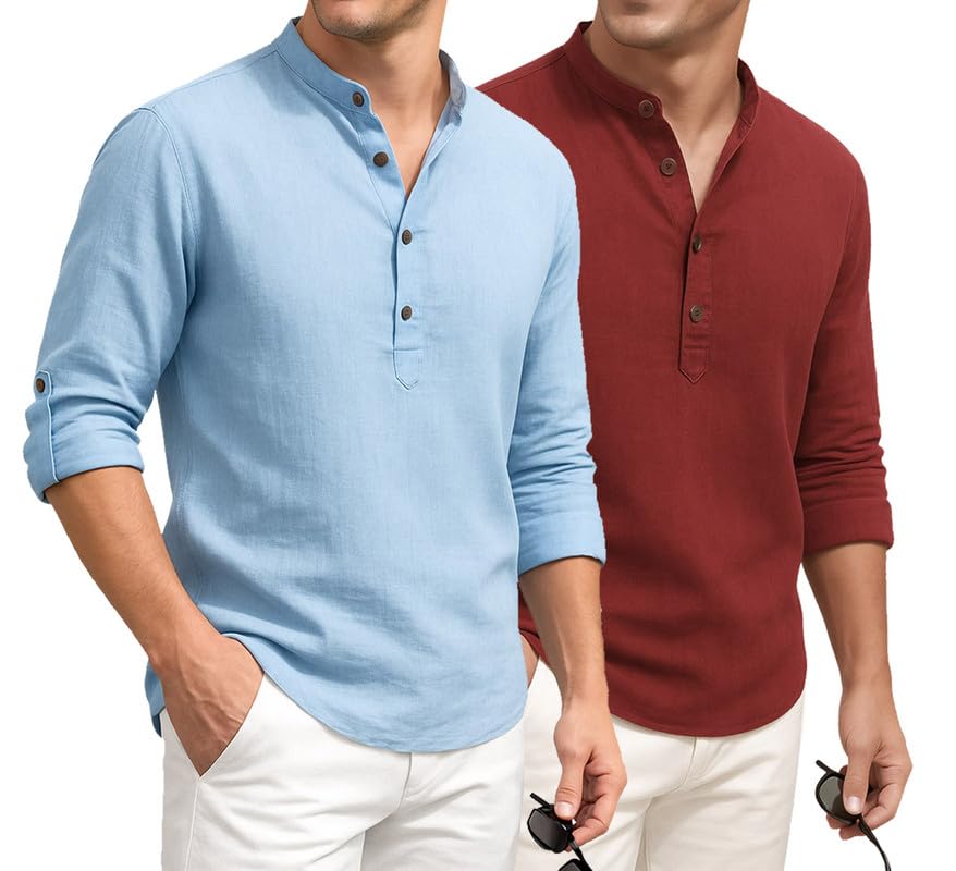 Image of DEELMO Combo of Men's Cotton Blend Solid Regular Fit Full Sleeve Short Kurta | Men's Trendy Short Kurta Pack of 2