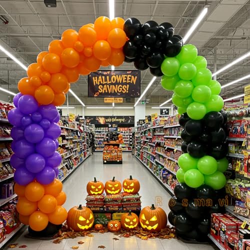 Image of Halloween Balloon Arch, Orange, Black, Purple & Green, 138 Balloons
