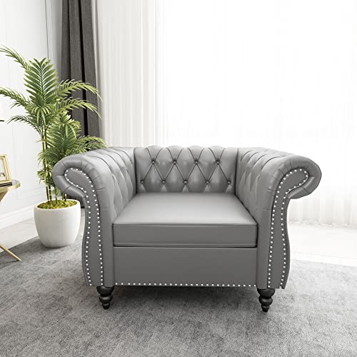 Image of ORRD Chesterfield Chair, Modern Leather Tufted Accent Sofa Couch Chair with Rolled Arms and Nailhead for Living Room, Bedroom, Office, Apartment (Grey)