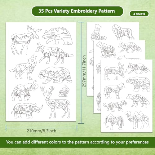 BENECREAT 4Sheets 35Pcs Forest Animals Mountain Water Soluble Embroidery, 11.7x8.3inch Wolves Deer Bear Stick and Stitch Embroidery Paper Stabilizer Water Soluble Hand Sewing for Shirts, Coats, Bags