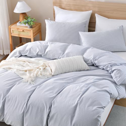 Image of TOCOMOA Blue Striped Duvet Cover Bedding Set 100% Washed Cotton Like Linen Feel Super Soft Comfy 3 Piece Pinstriped Comforter Cover Set (Queen 90 inchx90 inch, Comforter Not Included)