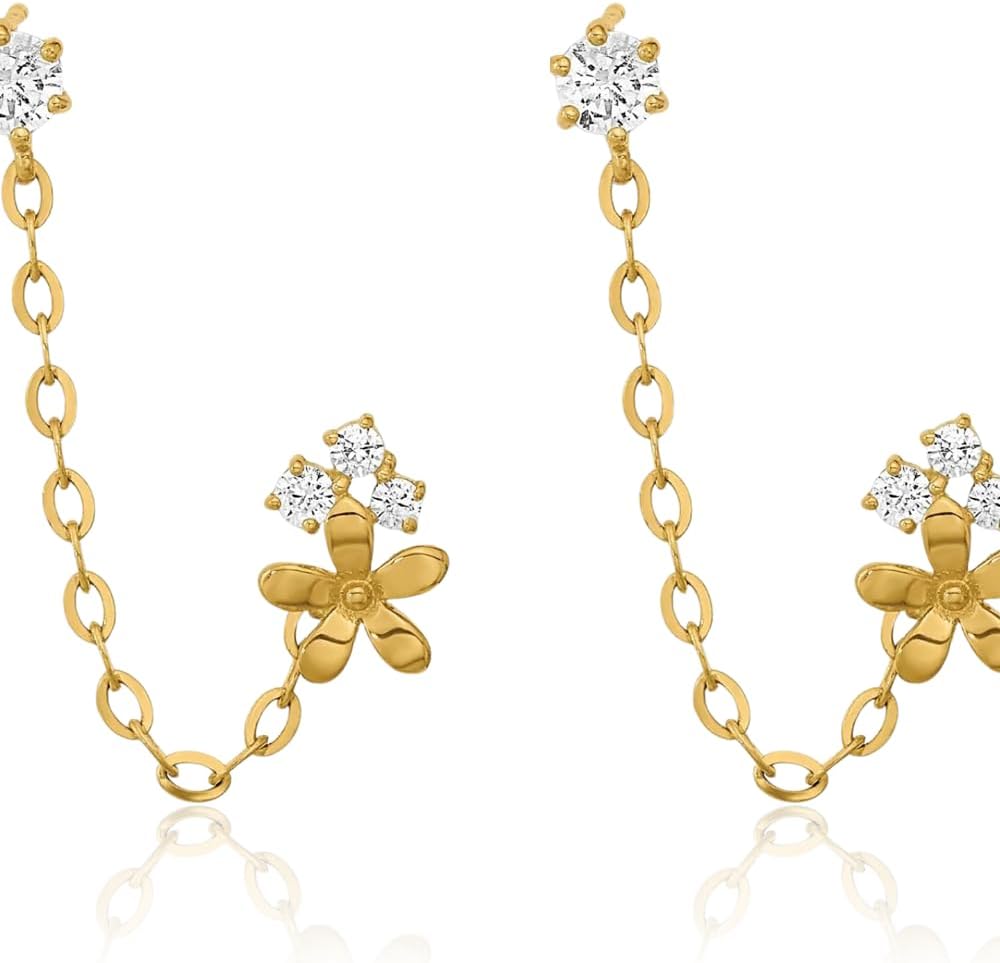 IceCarats 14K Solid Yellow Gold Cubic Zirconia Medium Flower Cluster Drop Earrings 35mm 1 3/8 inch Round Cut, Prong Set, Butterfly Back For Her