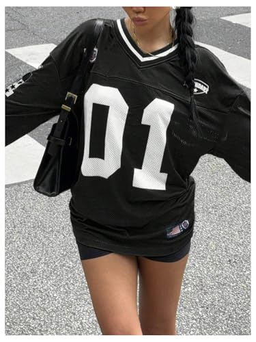 Women's Jersey Shirts Y2k Oversized T Shirt Number Letter Graphic Long Sleeve V Neck Sports Tee3