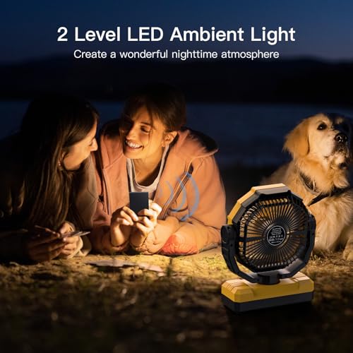 Image of FRIZCOL 3-in-1 Camping Fan - Portable Fans Rechargeable - 24000mAh Battery Powered Fan with Light & Remote for Indoor, Outdoor, Tent, Travel, Fishing, Jobsite, Gifts for Men Dad Him - Yellow