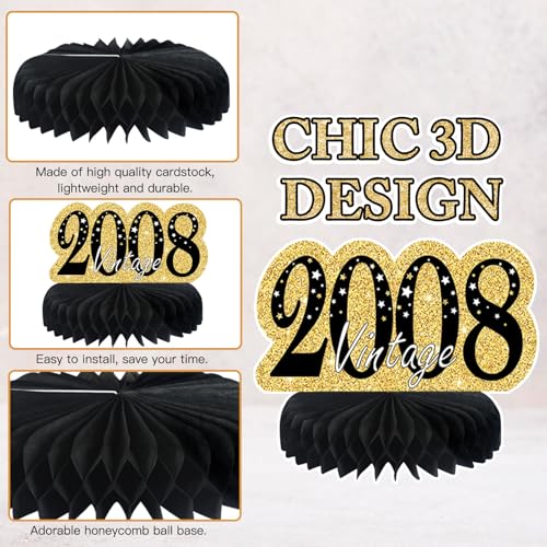 Image of 9Pcs Black Gold 18th Birthday Decorations Honeycomb Centerpieces for Boys Girls,Happy 18th Birthday Centerpieces Tables Toppers Party Decorations Supplies,Vintage 2008 Aged Table Sign Decor