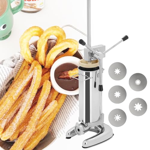 Máquina manual para hacer churros, acero inoxidable, vertical español, máquina comercial de frutas latinas con 5 boquillas, resistente para uso doméstico o comercial