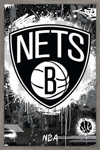 Trends International NBA Brooklyn Nets - Maximalist Logo 23 Wall Poster, 22.4L x 14.7W, Barnwood Framed Version