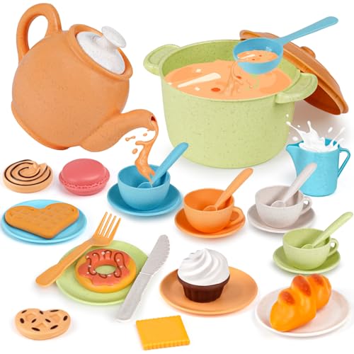 Dreamon Teeservice Kinder Set, Puppengeschirr Spielküche Kinderküche Zubehör Tee Set Hergestellt aus Weizenstrohmaterial Geschenk für 3 4 5 Jahre Mädchen Junge