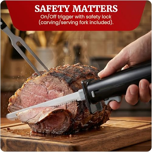 Image of Elite Gourmet Electric Knife Set for Carving Meats, Bread & More. Pressure-activated On /Off Switch, Safety Lock, 2 Serrated Stainless-Steel Blade Sets, Storage Case, Carving /Serving Fork, Black