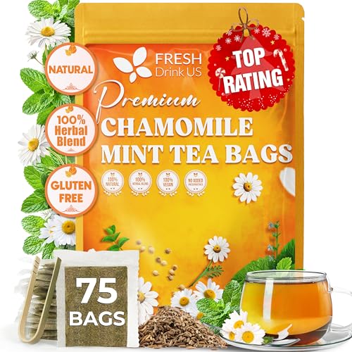Image of FreshDrinkUS, Chamomile Mint Tea Bags | 75 Count | Refreshing Herbal Blend of Chamomile Flower, Peppermint, Lemon Balm & other herbs - Smooth Floral & Minty Flavor - Premium Quality, Caffeine-Free