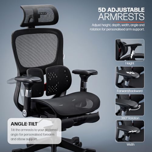 Image of DROGO Axion Ergonomic Office Chair for Home & Work | Dual-Wing Dynamic Lumbar Support, 5D Armrests, 3D Headrest | Breathable Mesh Computer Desk Chair, 5cm Seat Slider, 135 Recline, Footrest (Black)