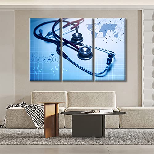 Image of TUMOVO Medical background Artwork Wall Art for Living Room 3 Piece Stethoscope Poster Wall Decor for Bedroom Medical Contemporary Home Decor Framed Ready to Hang, 60 inch Wx40 H