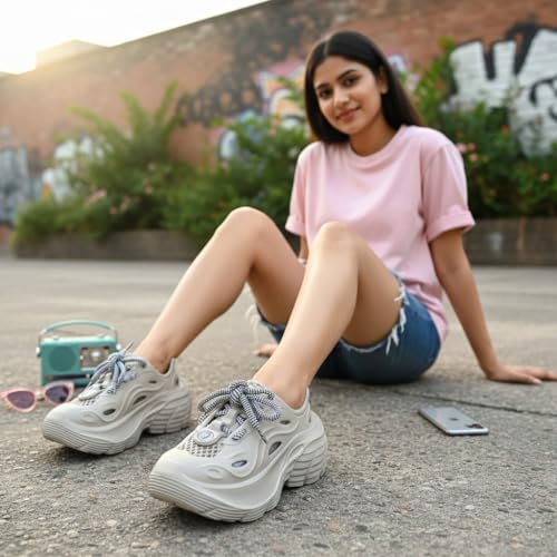 Image of GLJ VibeX Girls Sneakers Stylish White Running Shoes Breathable Comfortable Anti Skid Outsole Premium Footwear for Casual Sports Gym Walking