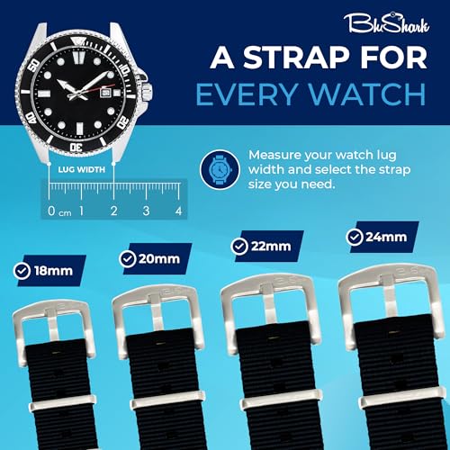 Image of BluShark - Original Collection Military-Style Waterproof Watch Strap, Fits All Timepiece Brands, Durable Nylon Wristwatch Accessories with Stainless Steel Buckle - 18mm, 20mm, 22mm & 24mm Watch Bands