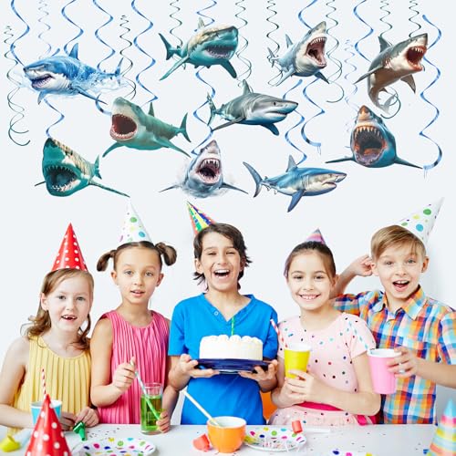 Image of CHUNNIN 60PCS Shark Birthday Party Supplies Blue Ocean Shark Theme Hanging Swirls Under the Sea Birthday Swirls Foil Ceiling Streamers for Ocean Realistic Sharks Theme Party Decorations
