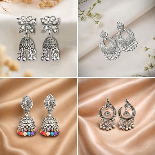 Image of The Wallet Store Ishq-E-Jhumka Oxidized Designer Earrings Set of 12 With Folding Jewelry Box | Minimalist & Traditional Jhumka Set for Womens & Girls