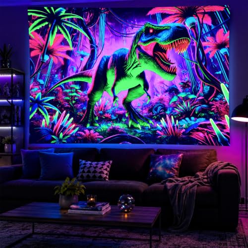 Image of BlissYard Blacklight Tapestry 78x59 Inch Neon Dinosaur Wall Hanging Glow in the Dark Jungle T Rex Poster UV Reactive Psychedelic Dinosaur Decor for Boys Bedroom Dorm Gamer Wall Art Decoration