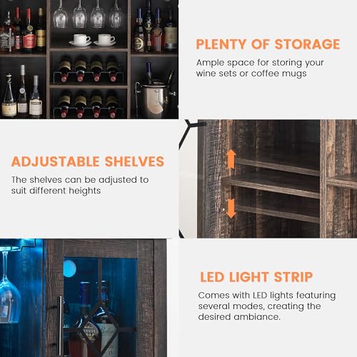 Image of Farmhouse Wine Bar Cabinet with LED Light, Wood Storage Cabinet with Glass Doors, Adjustable Shelves, Wine & Coffee Station for Dining Room, Living Room, Home Bar,Oak
