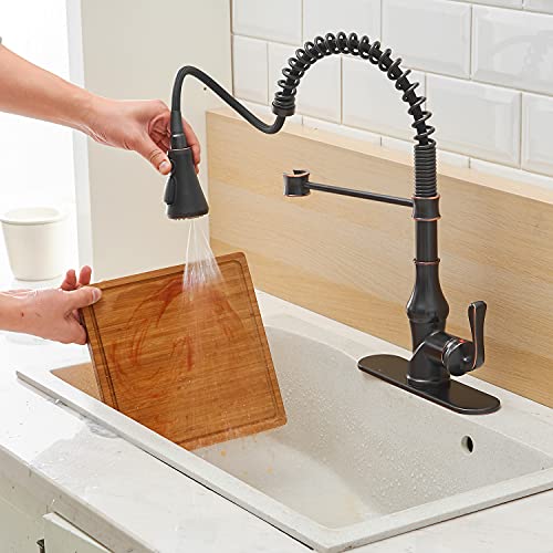 Bathlavish Oil Rubbed Bronze Kitchen Faucet Pull Down 3 Outlet Mode Sprayer Bar Sink Farmhouse Commercial Single Hole Single Handle Mixer Tap With 10-Inch Hole Cover Plate Solid Brass Lead-Free #TOP4