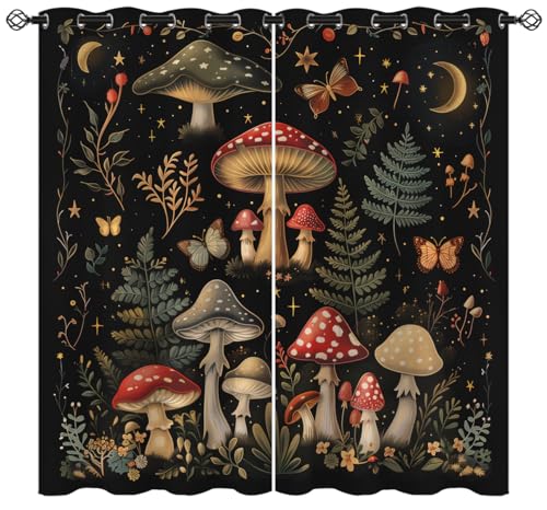 Boho Mushroom Blackout Curtains for Girls Boys Teens Home Decor, Witchy Botanical Floral Moth Moon Grommet Thermal Insulated Drapes Darkening Window Curtain for Bedroom Living Room, 55 x 63 Inch