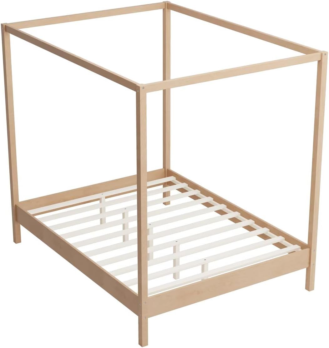 Solid Wood Queen Size Canopy Bed Frame Four Poster Platform Bed with Slats Support,Wood Canopy Bed Queen 4 Poster Bed Frame No Box Spring Needed,Natural