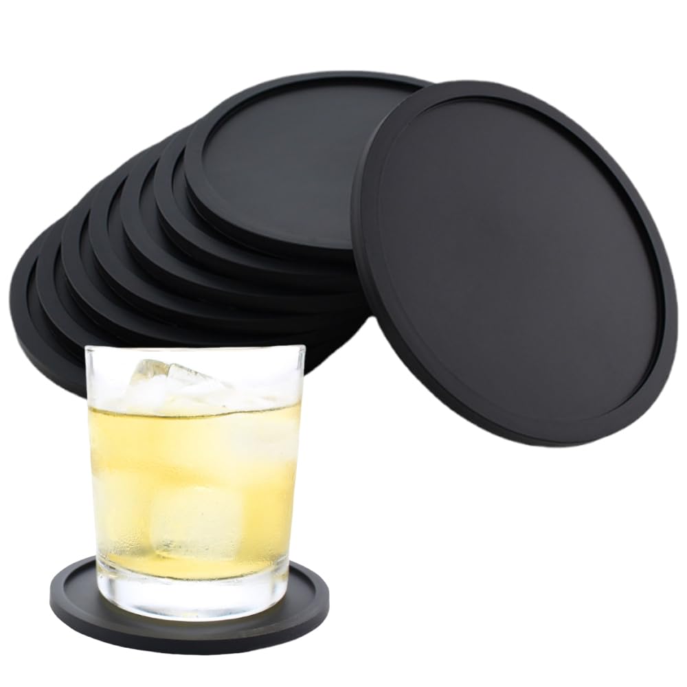 CENSIVI Silicone Drink Coasters Set of 8 - Black Round Non Slip Pads Mats for Coffee Mugs, Wine Glass, Beer and Bottles
