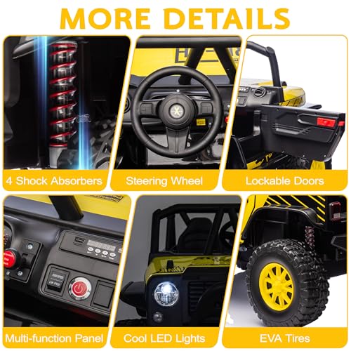 24V 2 Seater Power Wheels for Kids, 4WD Kids\' Electric Vehicles with Remote Control for Girls Boys, UTV Ride On Car, Spring Absorbers, Wireless Bluetooth (Bright Yellow)